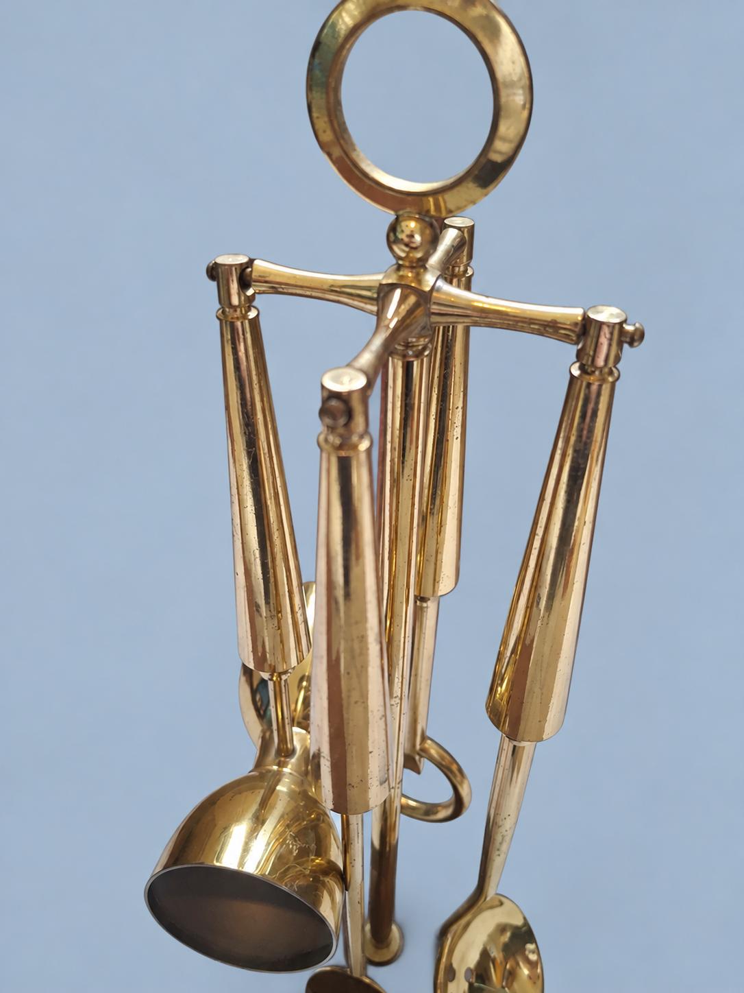 Vintage Brass Bar Tool Set on Stand, Four Cocktail Accessories with Wood and Brass Tree Stand, Bar Cart Decor, 32 cm
