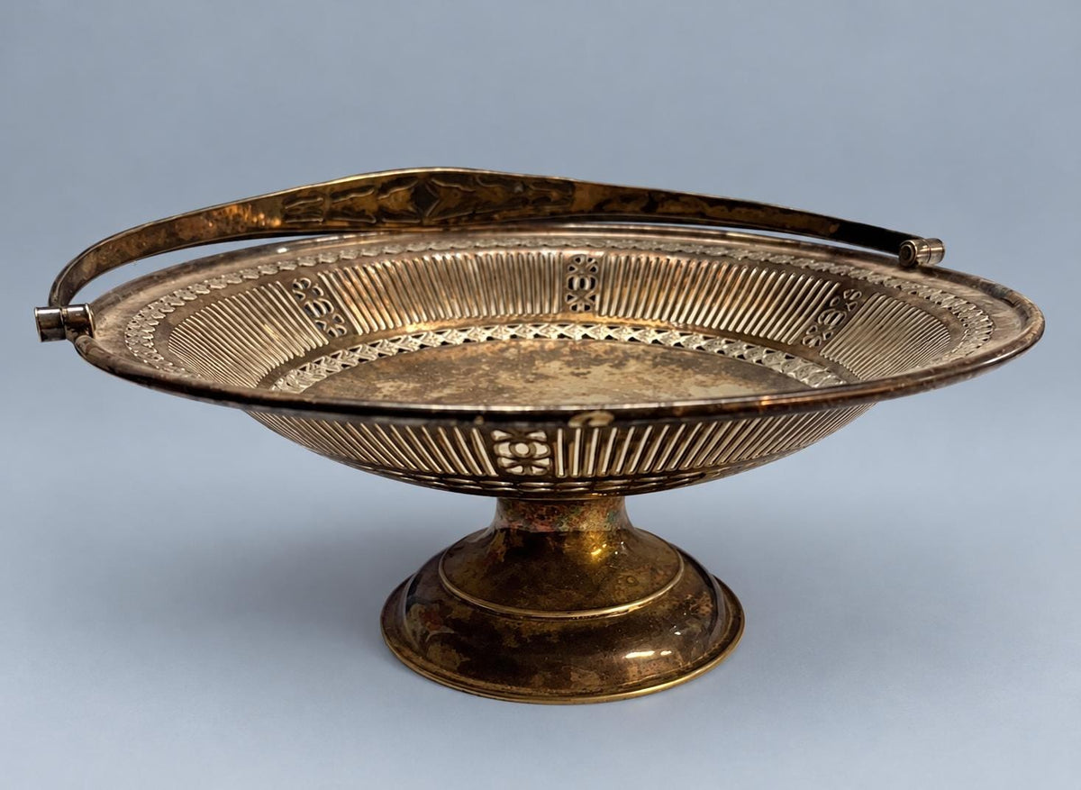 Vintage Pierced Footed Basket with Swing Handle, Silver-Tone Metal Pedestal Cake or Fruit Basket, Edwardian Style, 25 cm