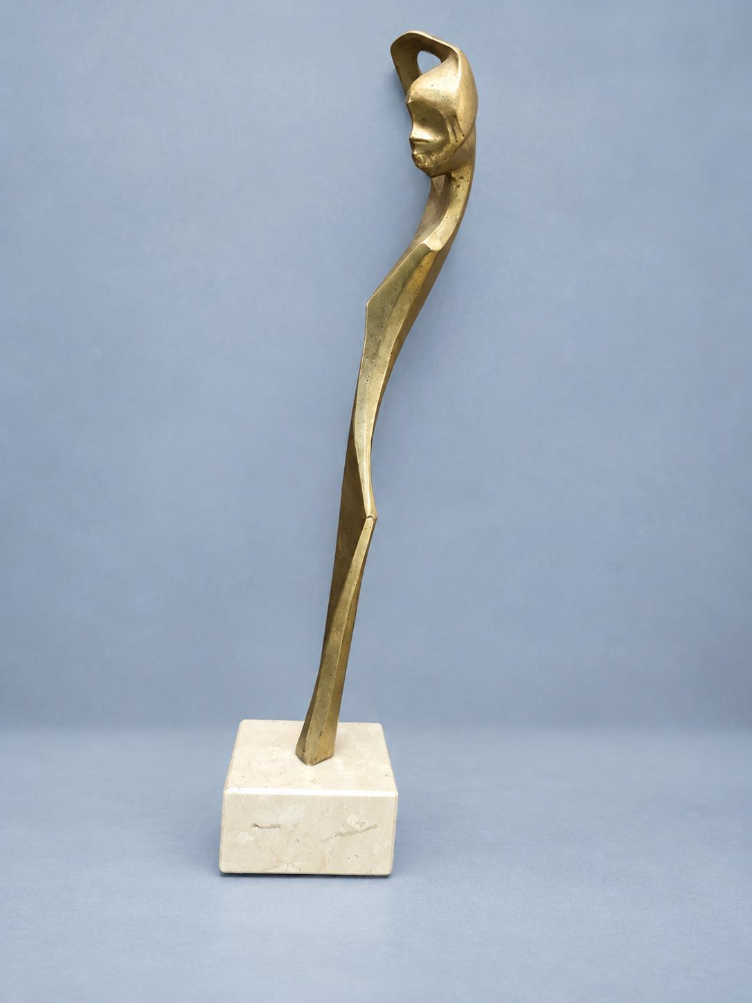 Vintage Modernist Female Figure Sculpture on Cream Stone Base, Gold-Tone Metal, Elongated Abstract Woman, 38 cm