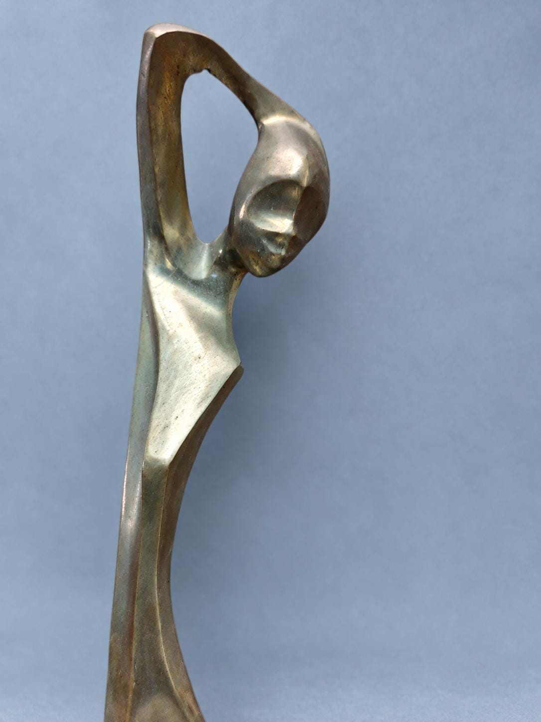 Vintage Modernist Female Figure Sculpture on Cream Stone Base, Gold-Tone Metal, Elongated Abstract Woman, 38 cm