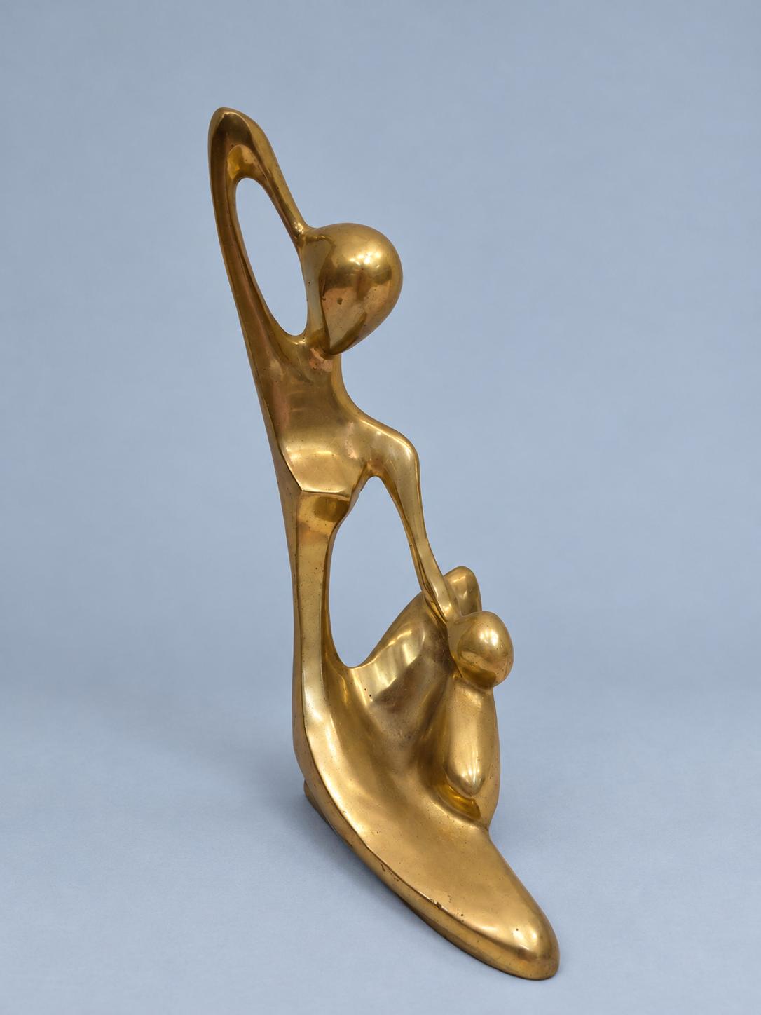 Vintage Mother and Child Abstract Sculpture, Gold-Tone Metal Maternité Figure, Modernist Mid-Century Style, 17 cm