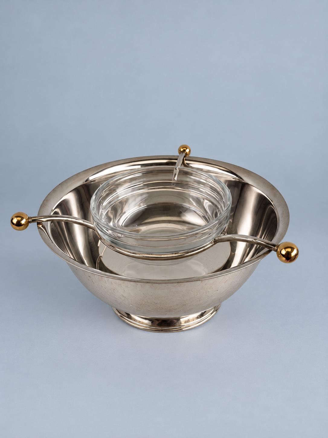 Caviar Server with Iced Bowl, Removable Three-Arm Holder and Glass Dish, Silver-Tone Footed Bowl with Gold-Tone Finials