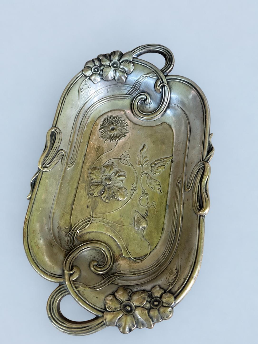 Vintage Art Nouveau Style Metal Tray with Poppy and Tendril Relief, Ribbon-Loop Handles, Patinated Finish, European Catchall Dish