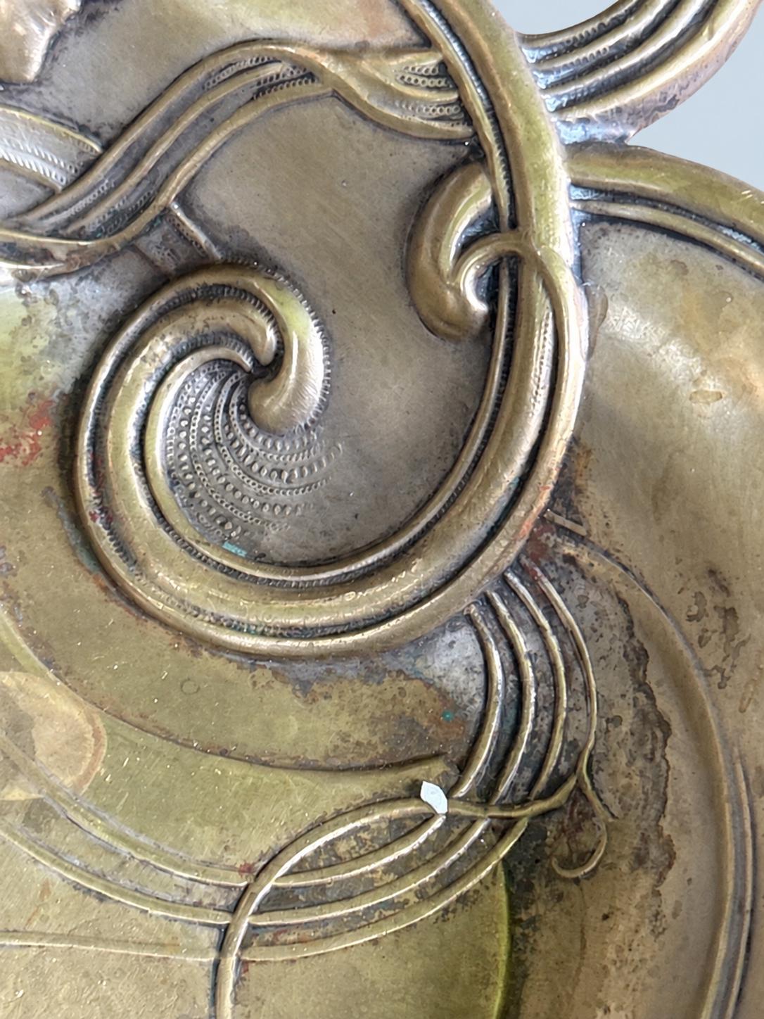 Vintage Art Nouveau Style Metal Tray with Poppy and Tendril Relief, Ribbon-Loop Handles, Patinated Finish, European Catchall Dish