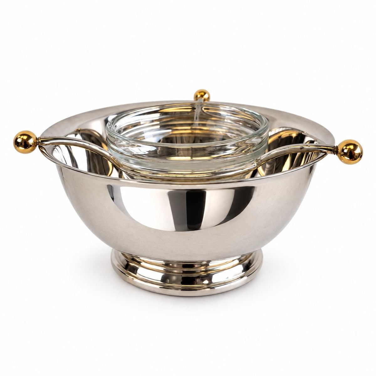 Caviar Server with Iced Bowl, Removable Three-Arm Holder and Glass Dish, Silver-Tone Footed Bowl with Gold-Tone Finials
