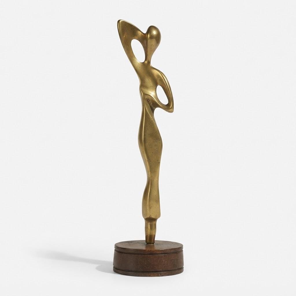 Contemporary Abstract Female Figure Sculpture, Gold-Tone Metal with Raised Arms, Modernist Style on Round Base, 24 cm