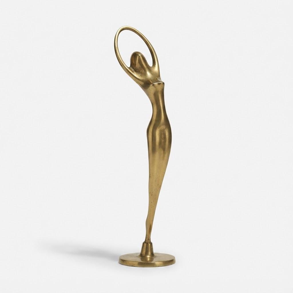 Vintage Brass Arched Female Figure Sculpture, Raised Arms Forming a Ring, Modernist Mid-Century Style, 30 cm