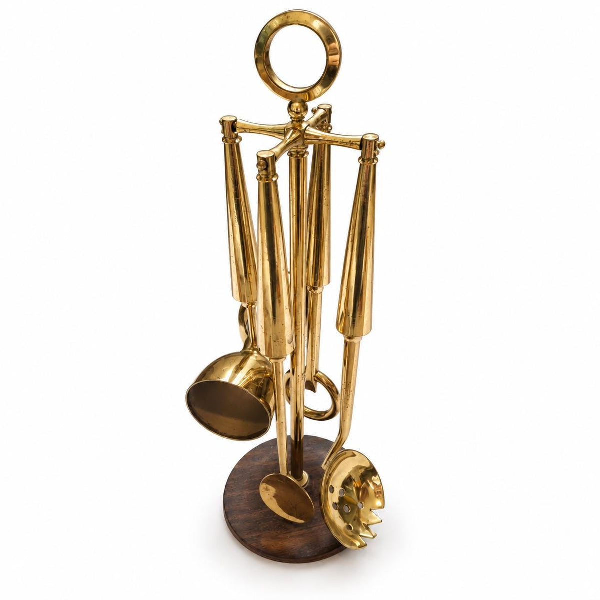 Vintage Brass Bar Tool Set on Stand, Four Cocktail Accessories with Wood and Brass Tree Stand, Bar Cart Decor, 32 cm