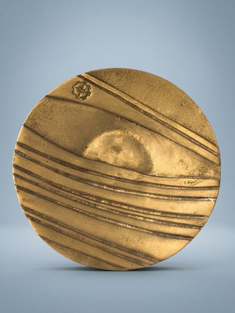 Vintage Brass Vide-Poche Dish with Wave and Sun Relief, Modernist Abstract Seascape Catchall, Cross Emblem, 14 cm