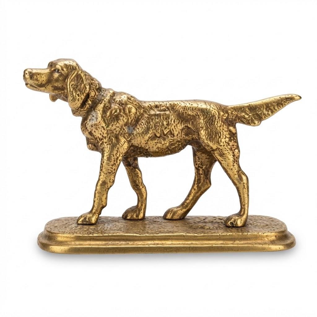 Vintage Setter Dog Sculpture, Gold-Tone Metal Hunting Dog on Naturalistic Base, Animalier Style, 20 cm
