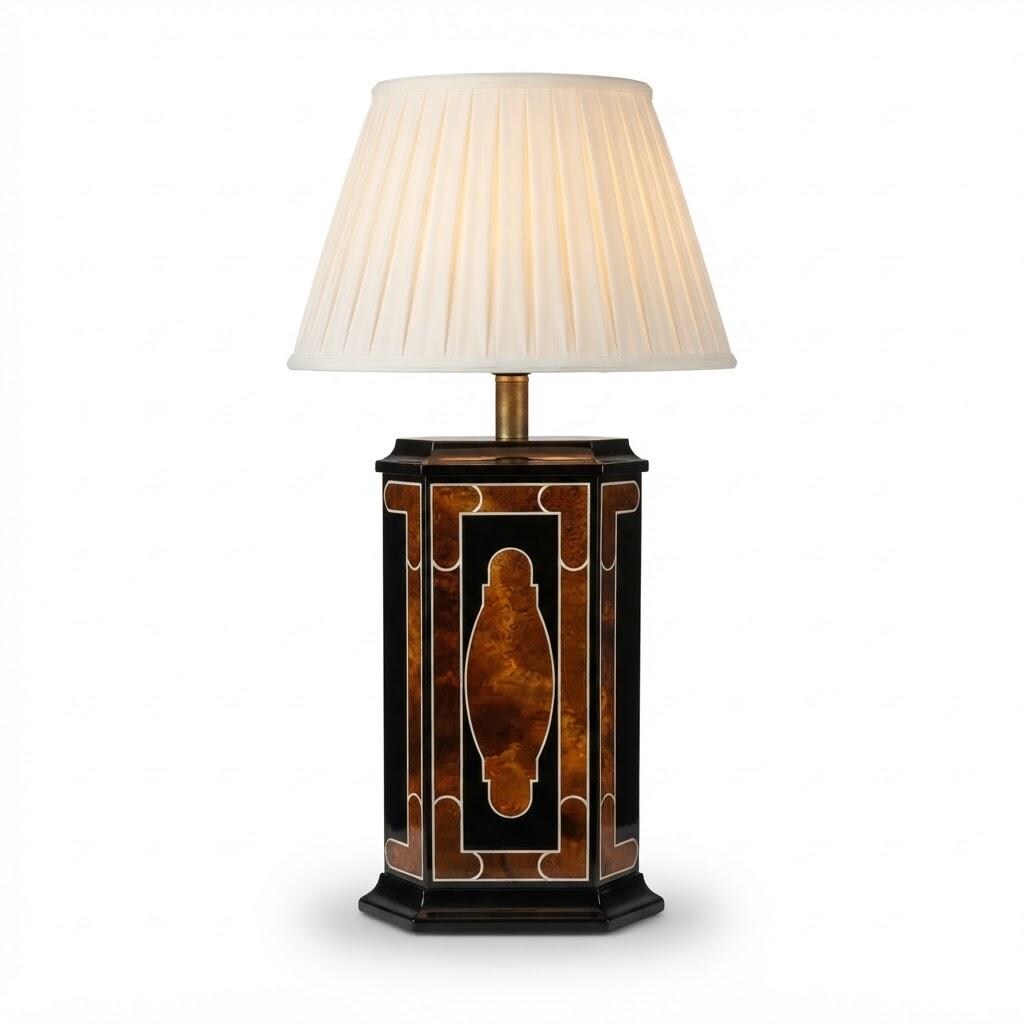Vintage Hollywood Regency Style Lacquered Table Lamp, Attributed 1970s, Black and Amber Panels, Sold Without Shade, 45 cm