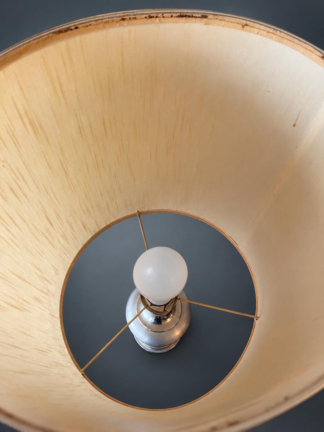 1970s Style Table Lamp, Brushed Silver-Tone Metal Ball and Column Base, Tall Textured Drum Shade with Metallic Trim