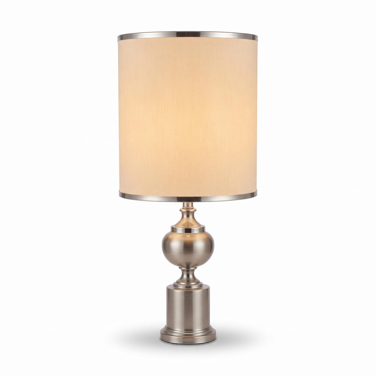 1970s Style Table Lamp, Brushed Silver-Tone Metal Ball and Column Base, Tall Textured Drum Shade with Metallic Trim