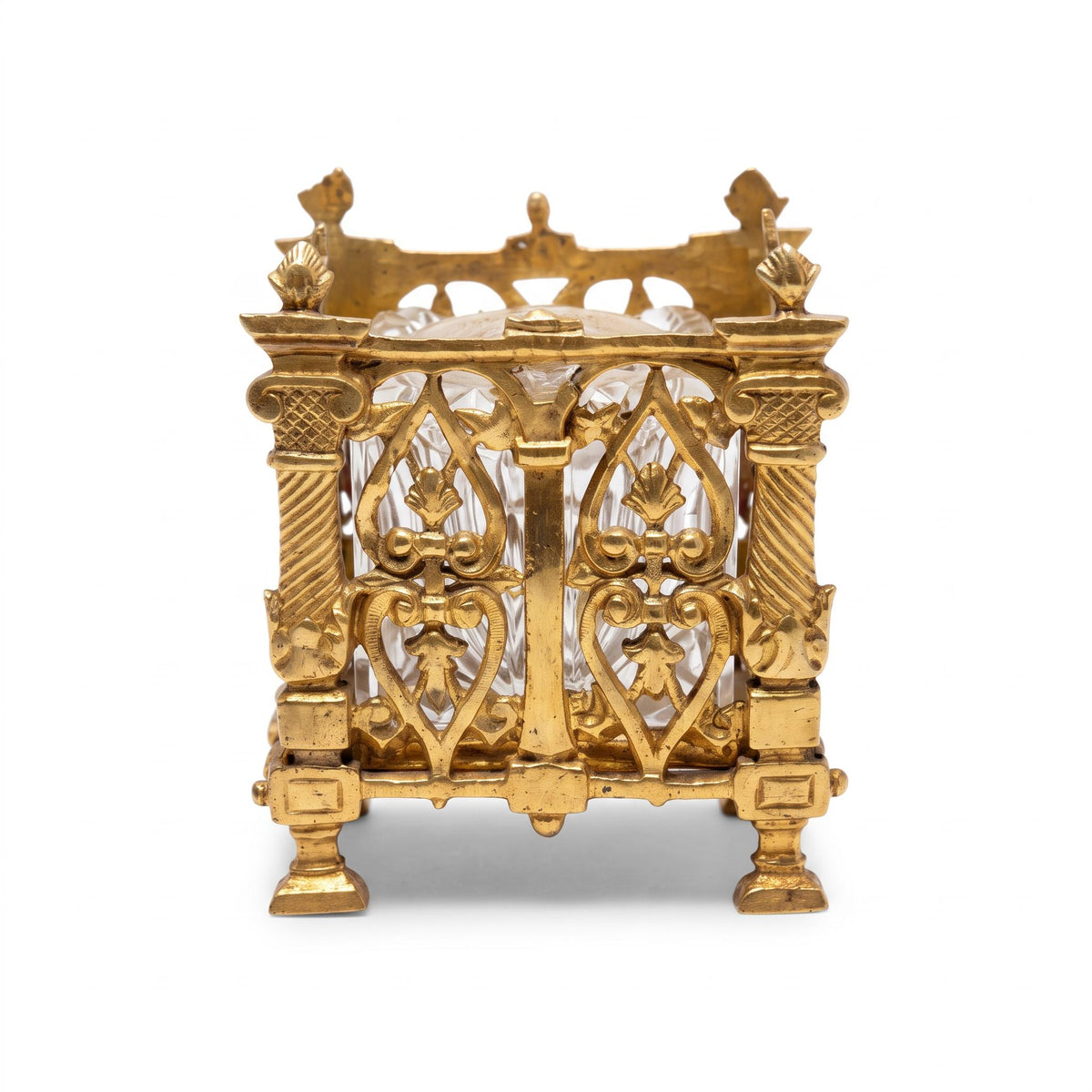 Gothic Revival Style Inkwell, Pierced Gold-Tone Metal Cage with Twisted Columns, Faceted Glass Well and Stopper