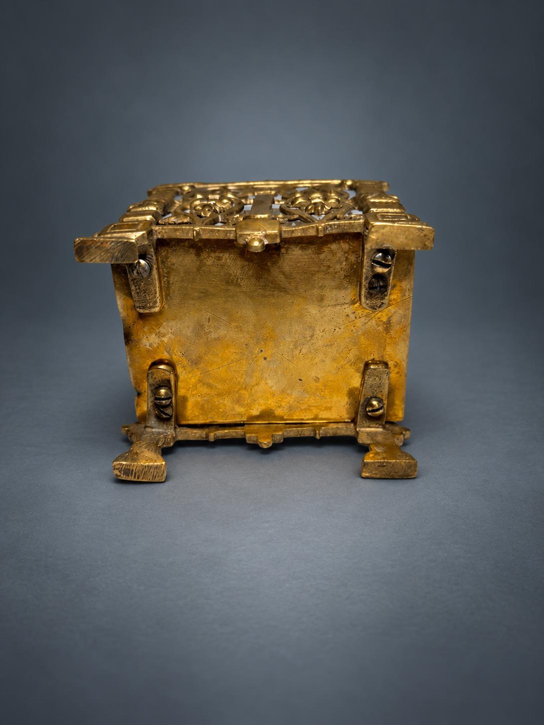 Gothic Revival Style Inkwell, Pierced Gold-Tone Metal Cage with Twisted Columns, Faceted Glass Well and Stopper