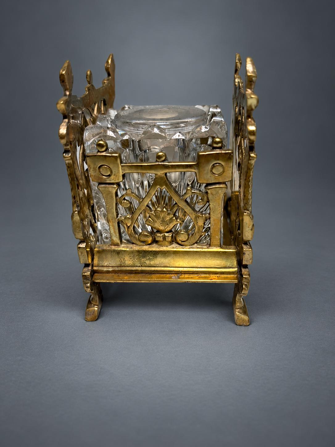 Gothic Revival Style Inkwell, Pierced Gold-Tone Metal Cage with Twisted Columns, Faceted Glass Well and Stopper