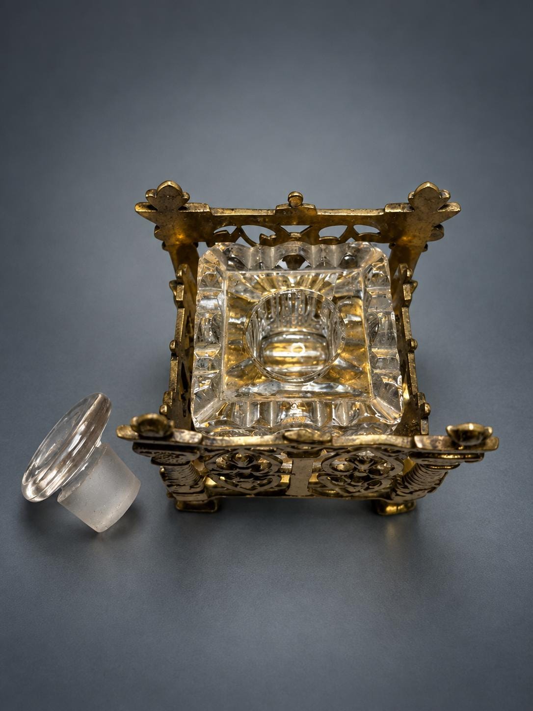 Gothic Revival Style Inkwell, Pierced Gold-Tone Metal Cage with Twisted Columns, Faceted Glass Well and Stopper