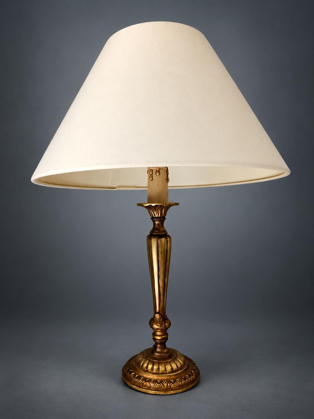 Candlestick Table Lamp in Gilt Metal, Fluted Stem with Leaf-Cast Cup and Base, Candle Sleeve, Cream Cone Shade