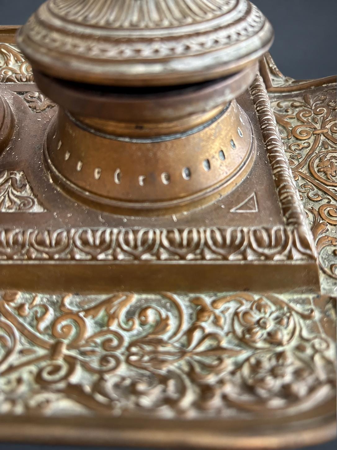 Napoleon III Style Double Inkstand, Patinated Metal with Relief Scrolls, Two Lidded Wells with Bud Finials, Paw Feet