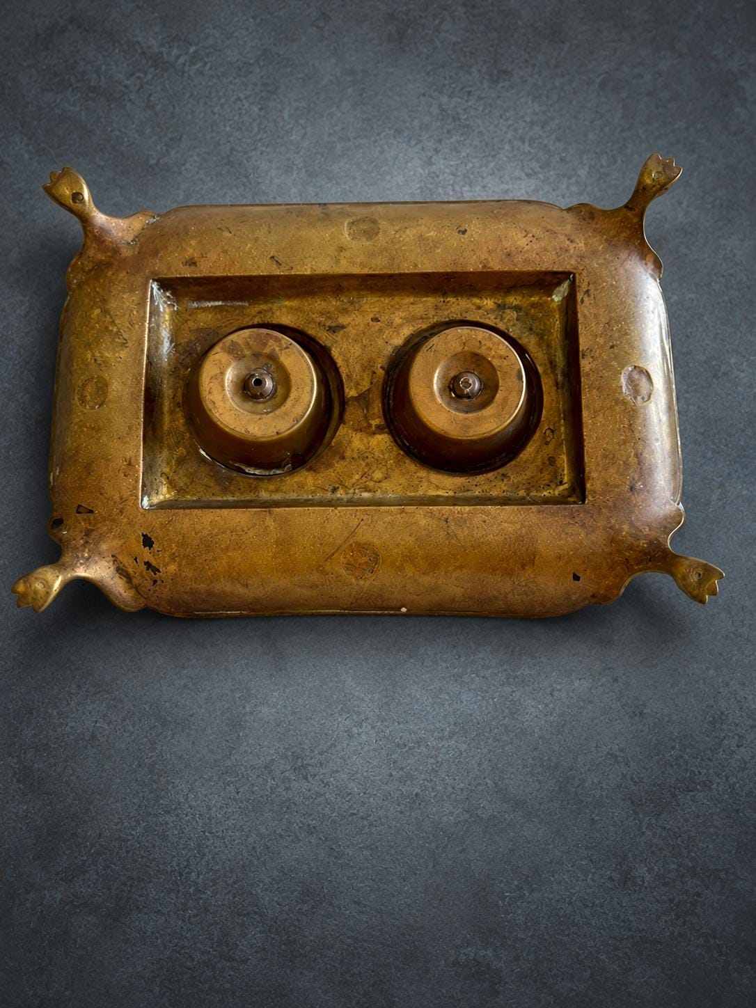 Napoleon III Style Double Inkstand, Patinated Metal with Relief Scrolls, Two Lidded Wells with Bud Finials, Paw Feet