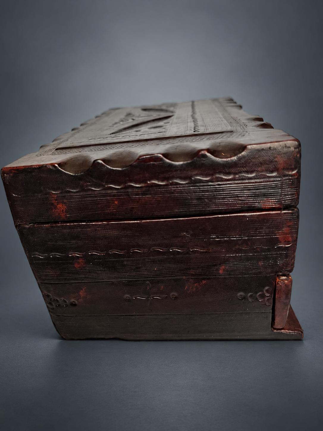 Tooled Leather Jewelry Box with Drawer, Dark Brown Leather with Cut Geometric Motifs, Leather Strap and Hasp