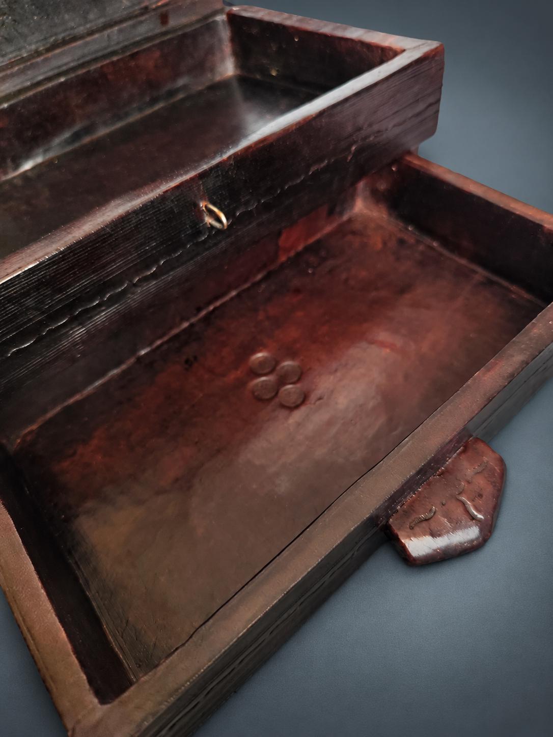 Tooled Leather Jewelry Box with Drawer, Dark Brown Leather with Cut Geometric Motifs, Leather Strap and Hasp