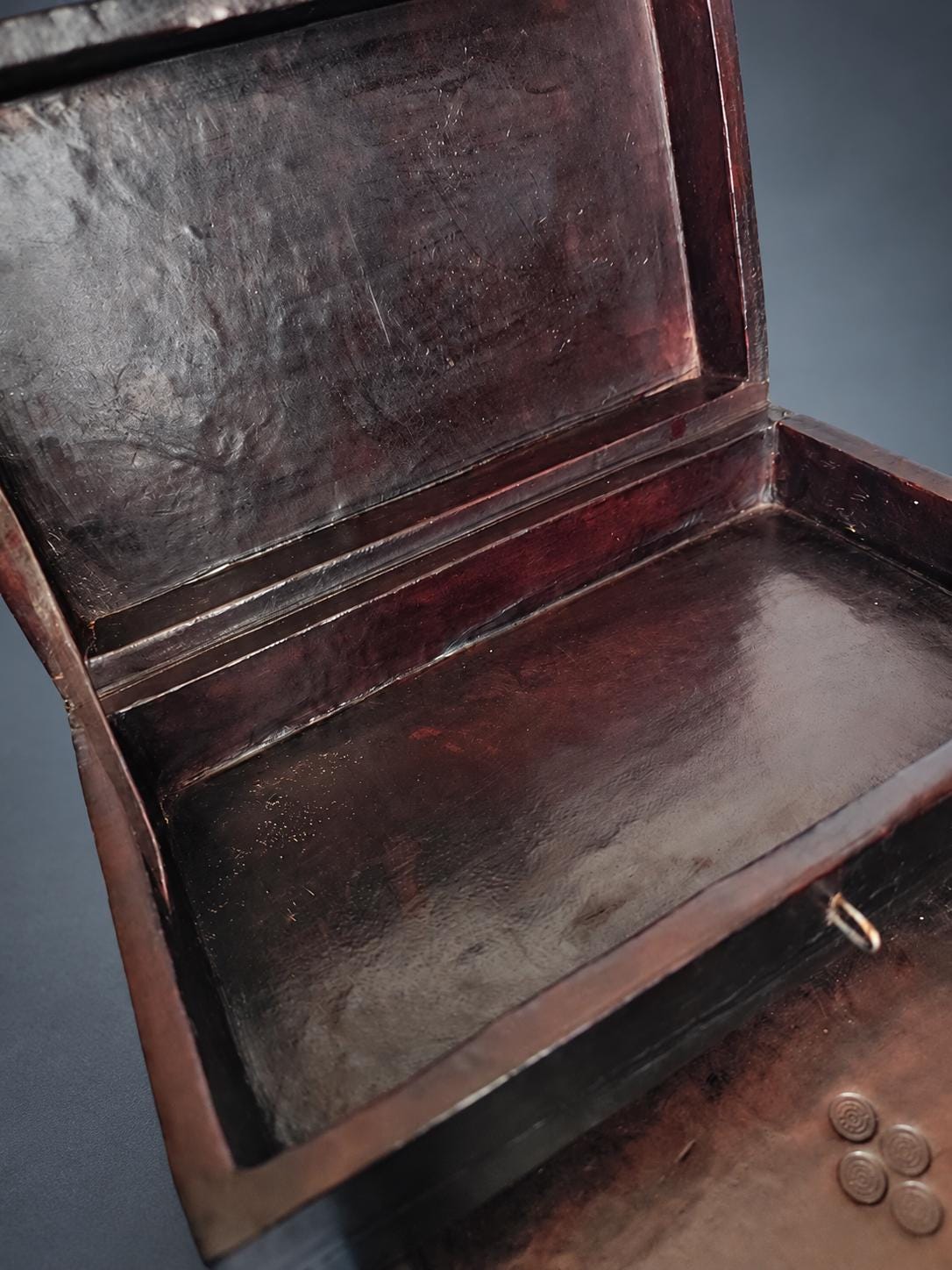 Tooled Leather Jewelry Box with Drawer, Dark Brown Leather with Cut Geometric Motifs, Leather Strap and Hasp