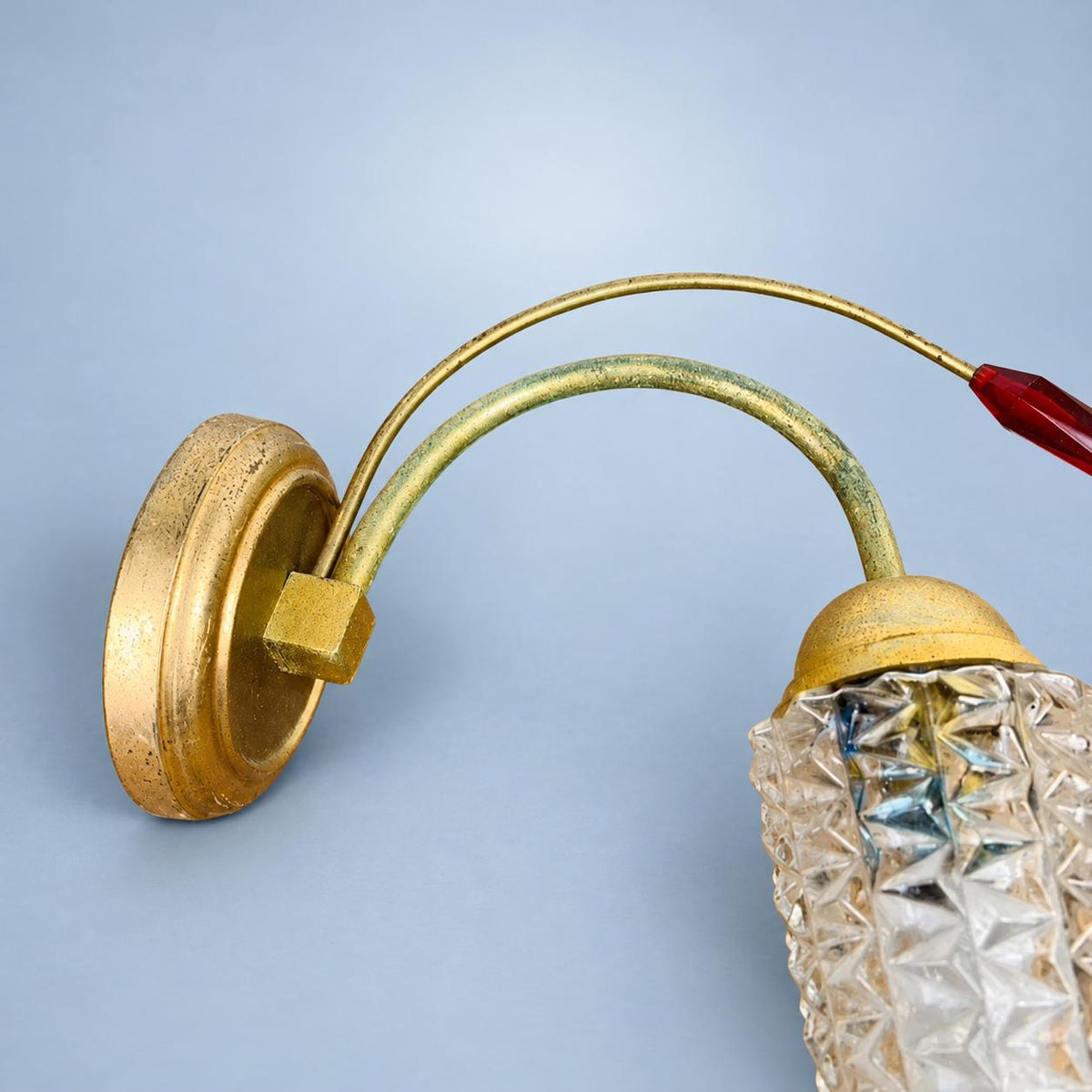 Vintage Gilt Metal Wall Sconce, Attributed 1970s–80s, Pressed Glass Tulip Shade with Red Faceted Drop, 32 cm