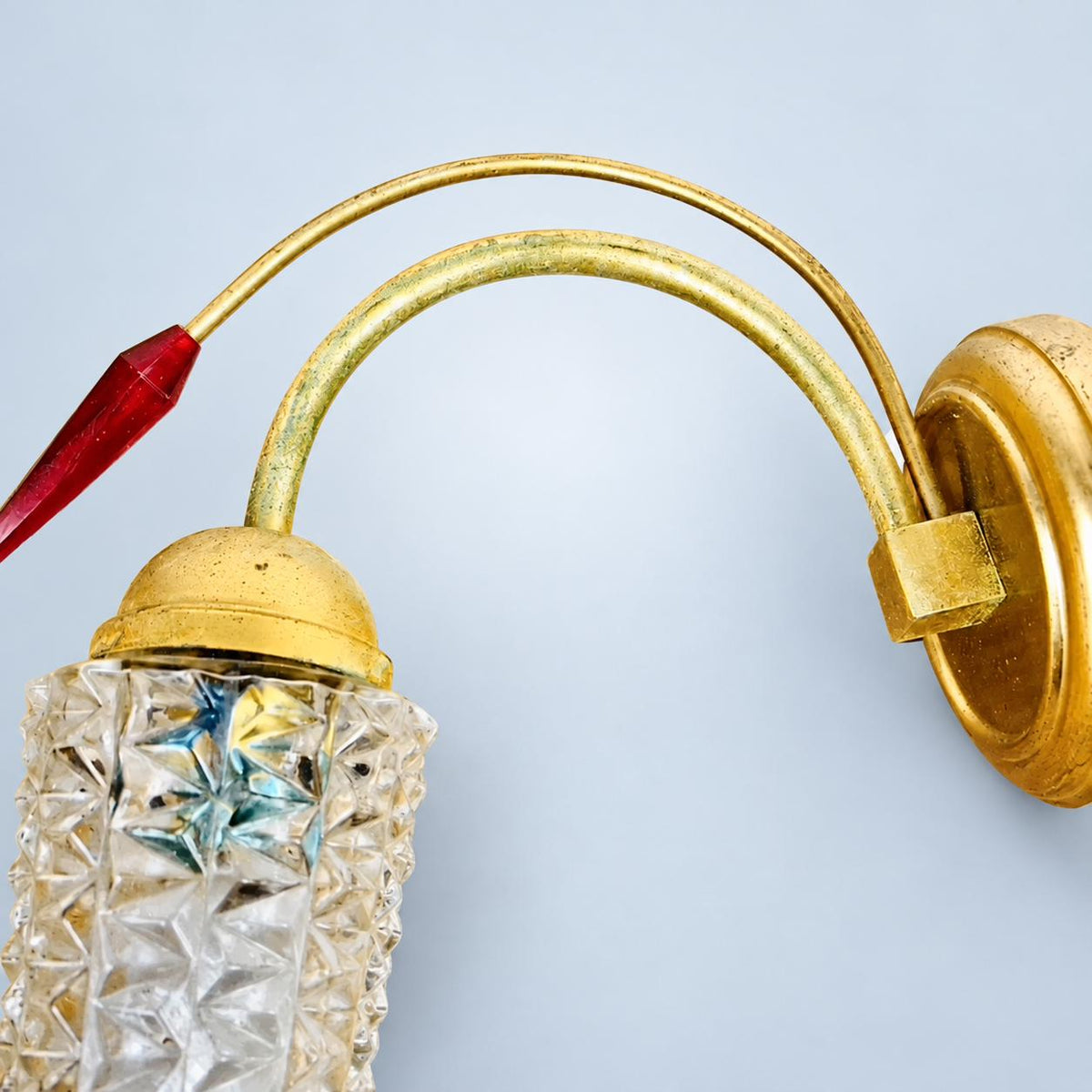 Vintage Gilt Metal Wall Sconce, Attributed 1970s–80s, Pressed Glass Tulip Shade with Red Faceted Drop, 32 cm