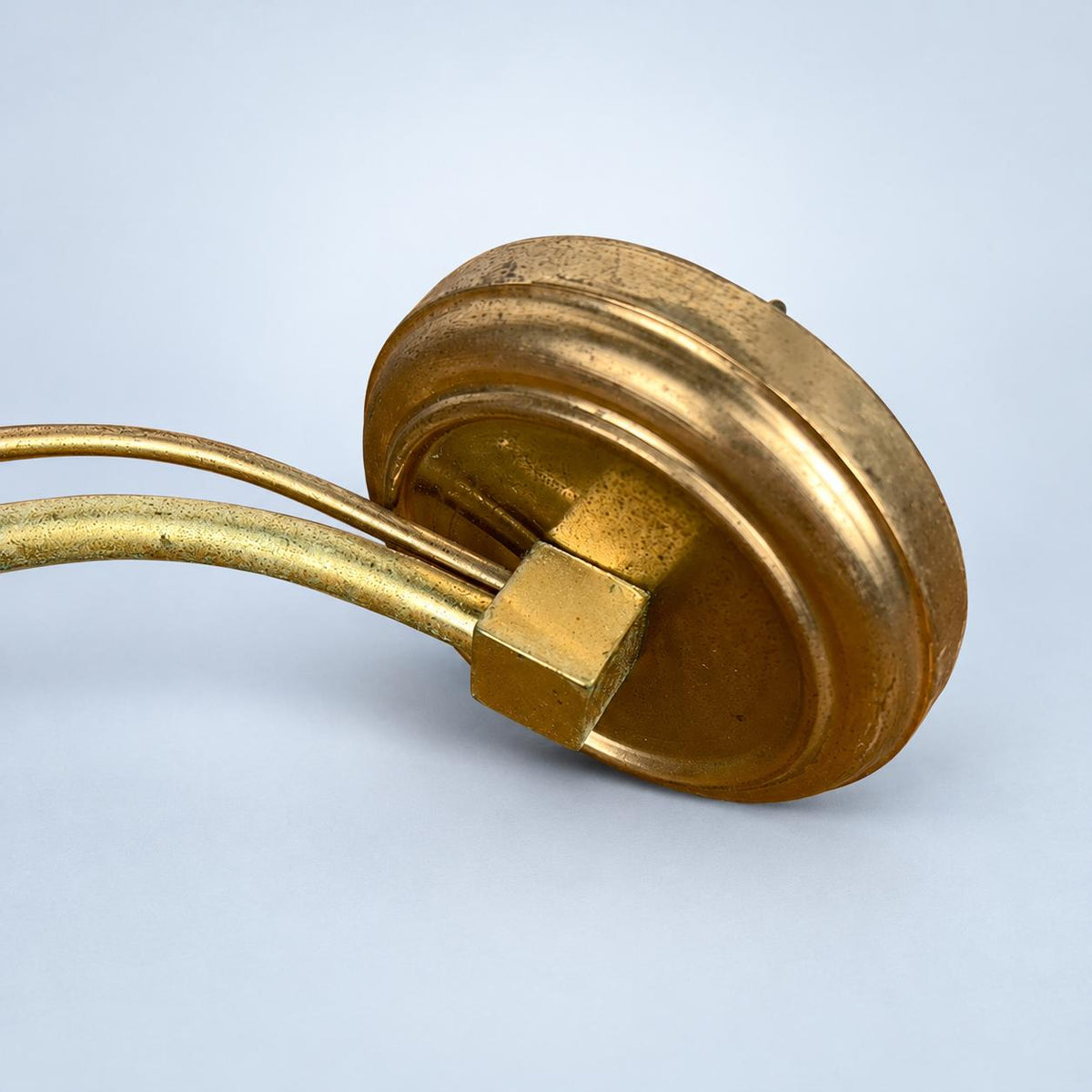 Vintage Gilt Metal Wall Sconce, Attributed 1970s–80s, Pressed Glass Tulip Shade with Red Faceted Drop, 32 cm