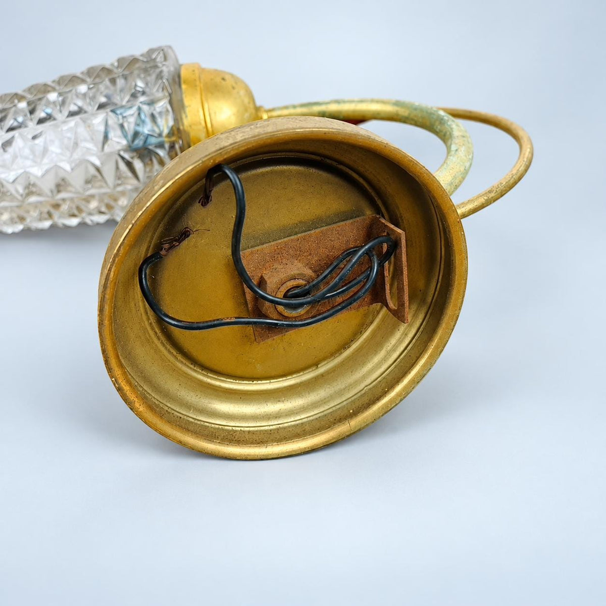 Vintage Gilt Metal Wall Sconce, Attributed 1970s–80s, Pressed Glass Tulip Shade with Red Faceted Drop, 32 cm
