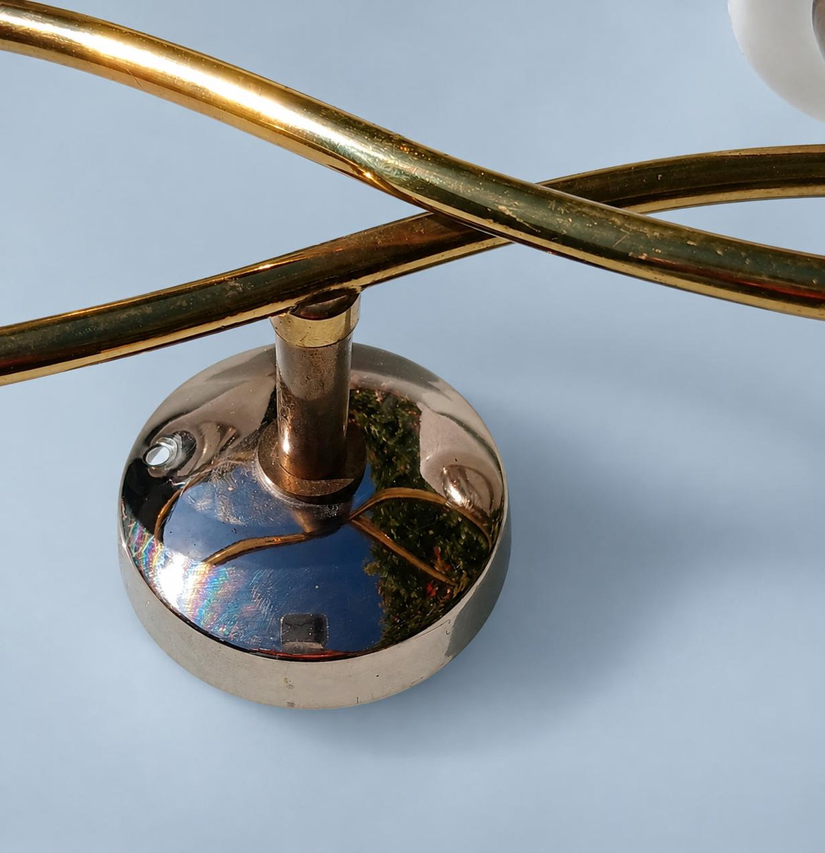 Vintage Double Wall Sconce, Attributed 1950s–60s, Looping Gilt Metal Arms with White Textured Glass Cone Shades, 32 cm