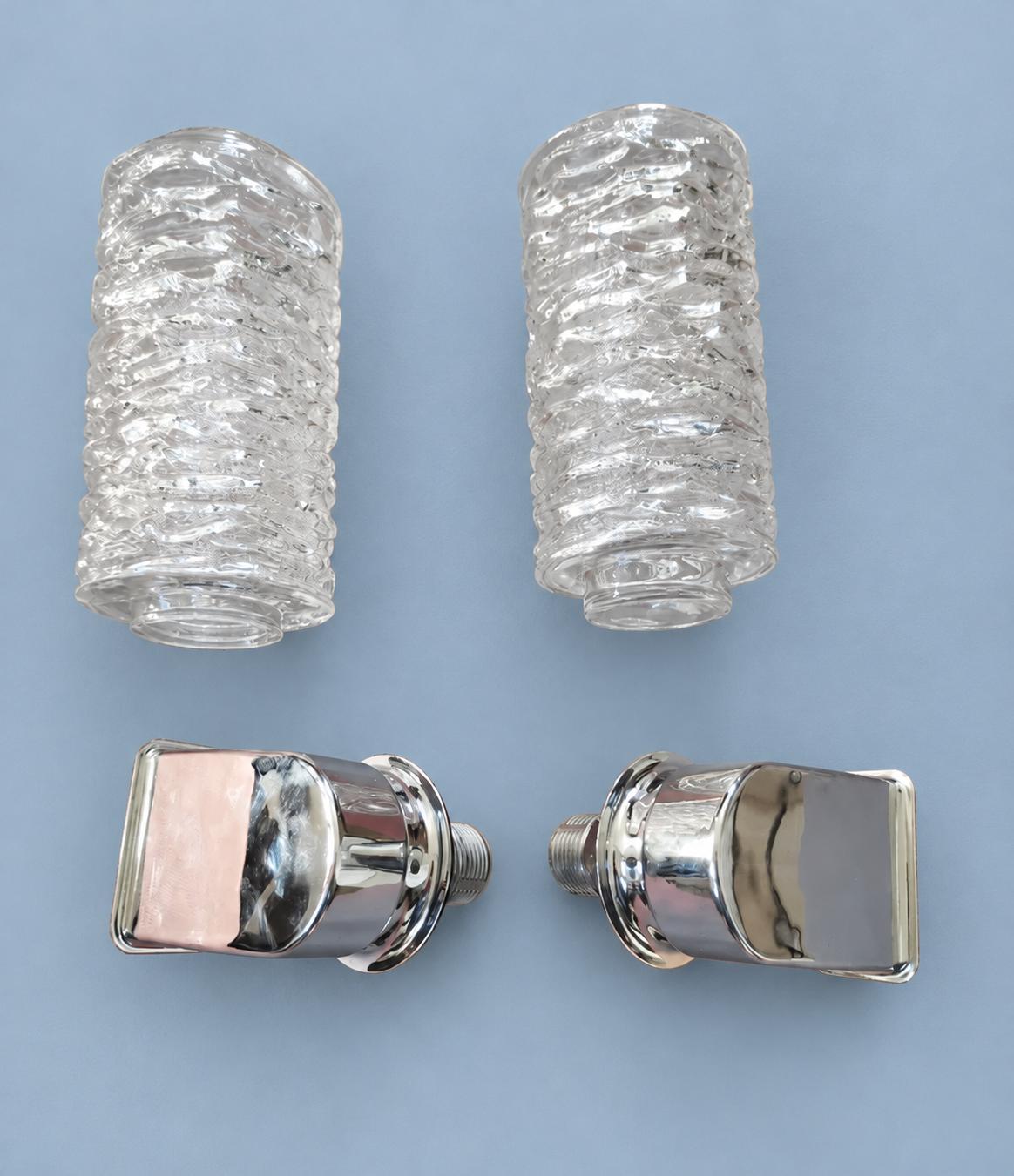 Vintage Pair of Ice Glass Wall Sconces, Attributed 1970s, Chrome-Finish Metal with Textured Clear Glass Shades, 20 cm