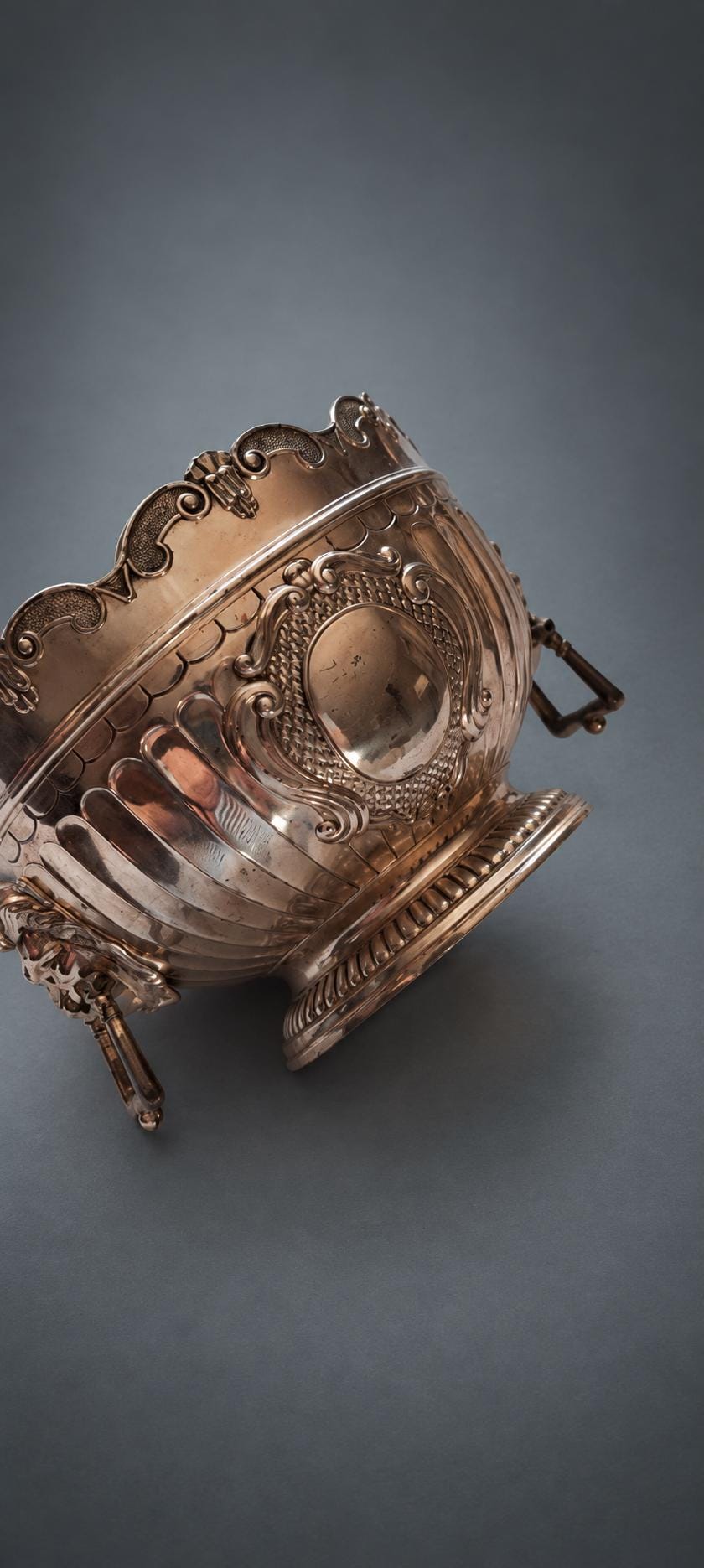 Monteith Style Bowl in Silver-Tone Metal with Gilt-Tone Interior, Lion Mask Ring Handles, Scalloped Rim, Blank Cartouche