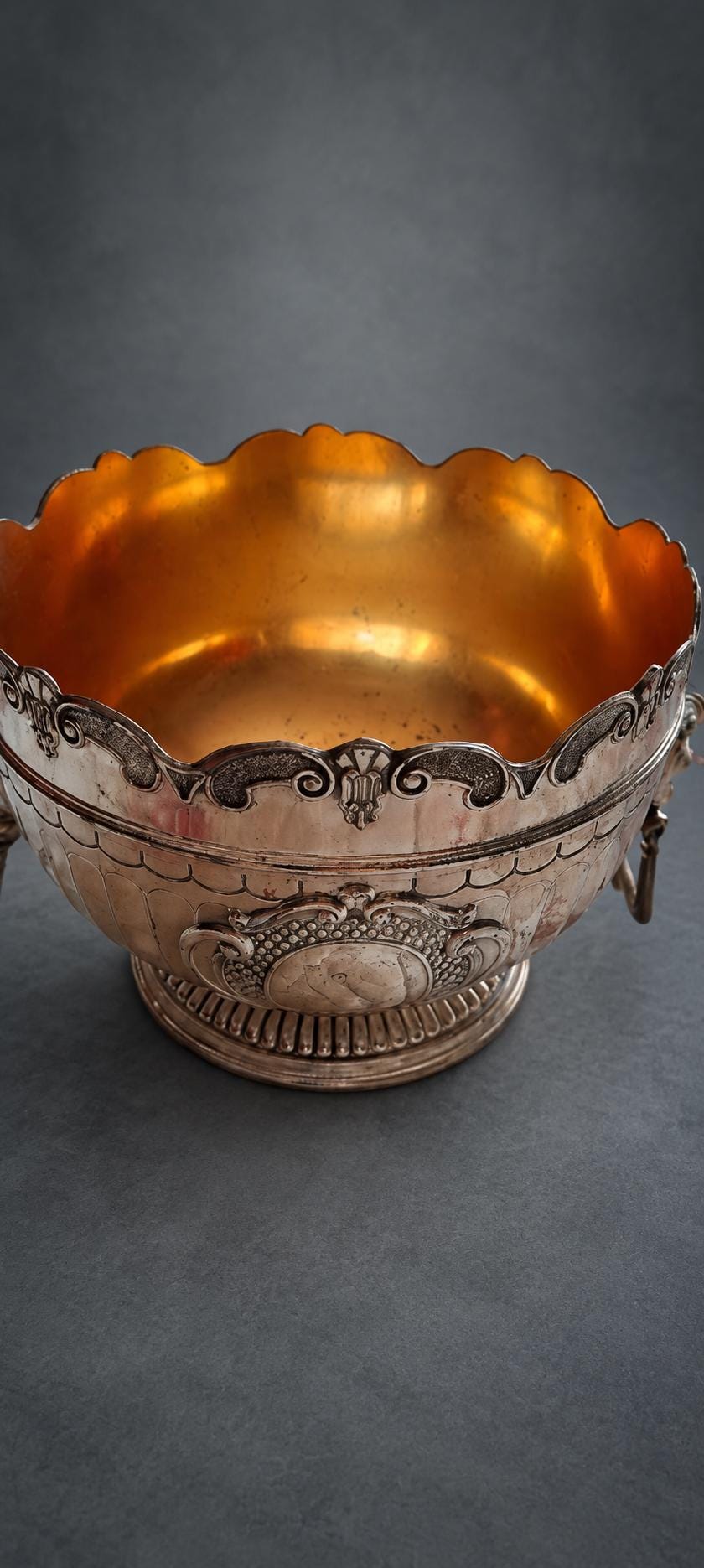 Monteith Style Bowl in Silver-Tone Metal with Gilt-Tone Interior, Lion Mask Ring Handles, Scalloped Rim, Blank Cartouche