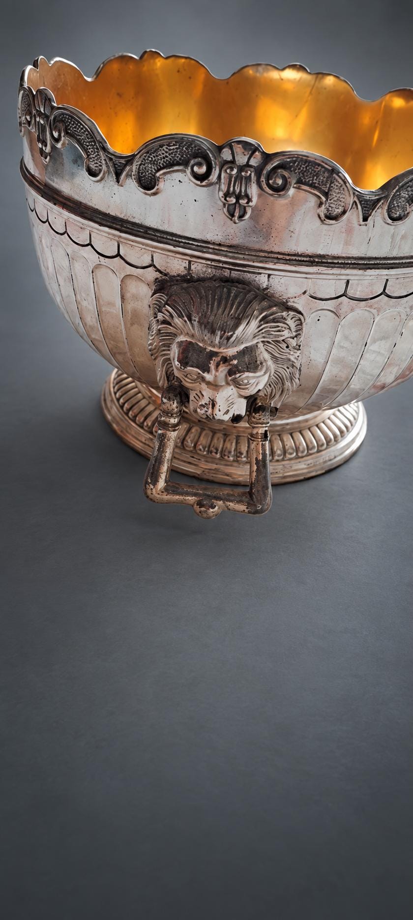 Monteith Style Bowl in Silver-Tone Metal with Gilt-Tone Interior, Lion Mask Ring Handles, Scalloped Rim, Blank Cartouche