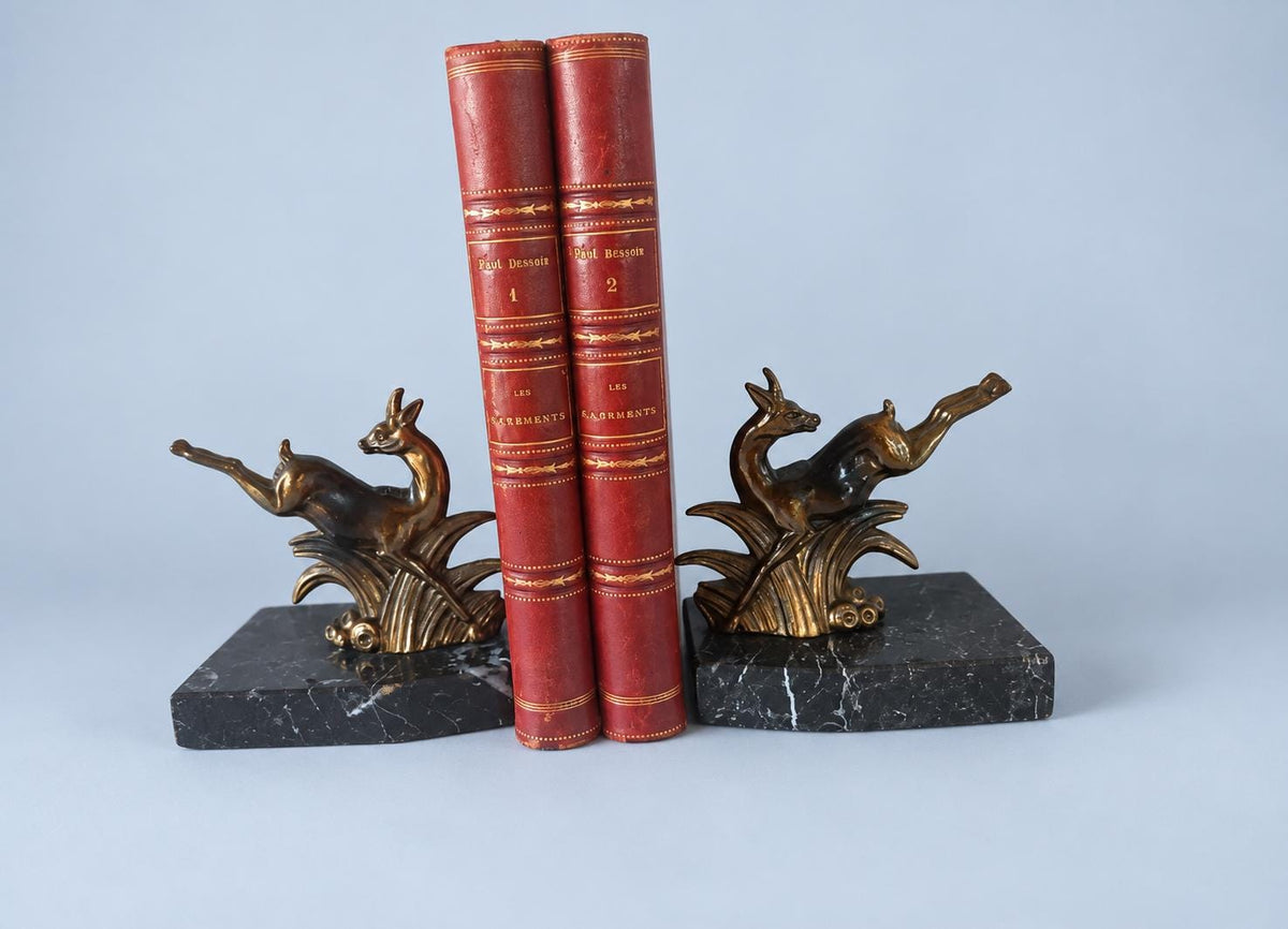 Vintage Pair of Art Deco Leaping Deer Bookends, Gilt-Tone Spelter on Black Marble Bases, 9 cm
