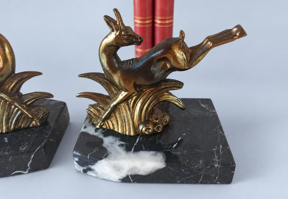 Vintage Pair of Art Deco Leaping Deer Bookends, Gilt-Tone Spelter on Black Marble Bases, 9 cm