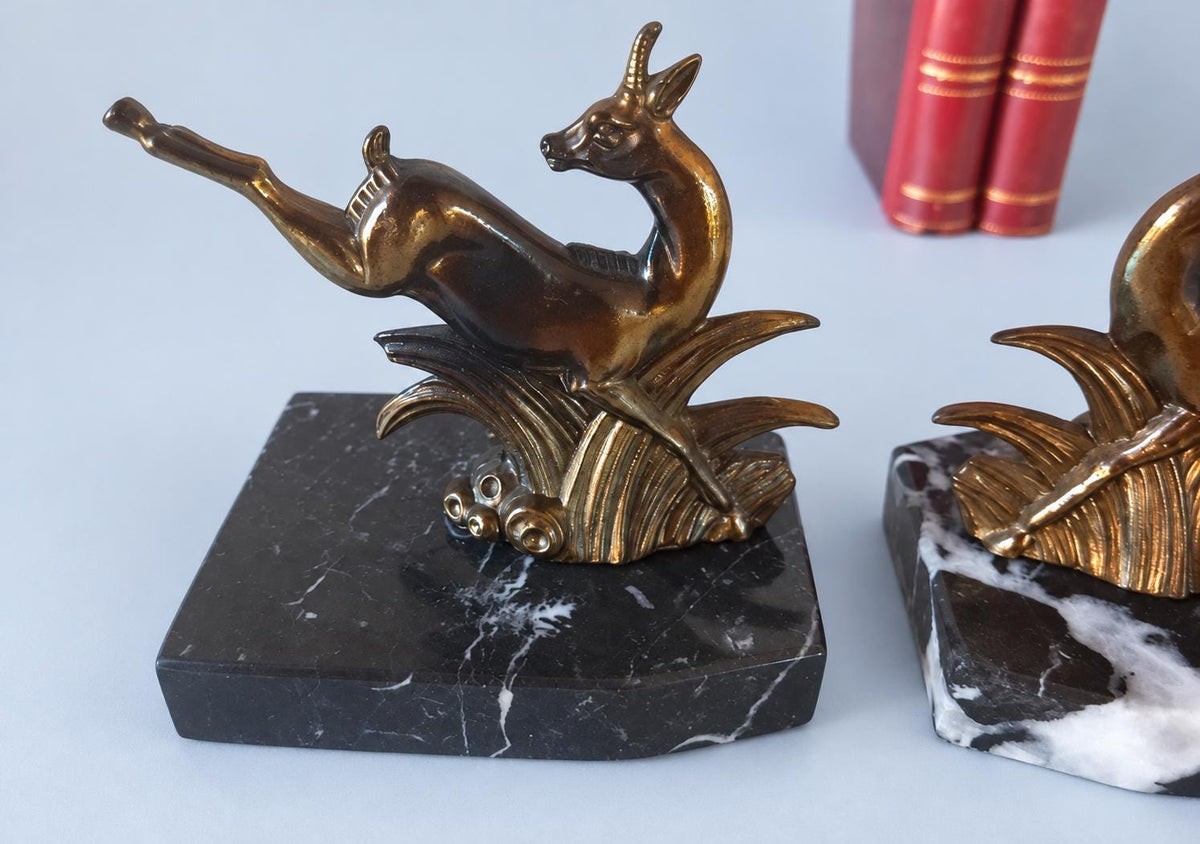 Vintage Pair of Art Deco Leaping Deer Bookends, Gilt-Tone Spelter on Black Marble Bases, 9 cm
