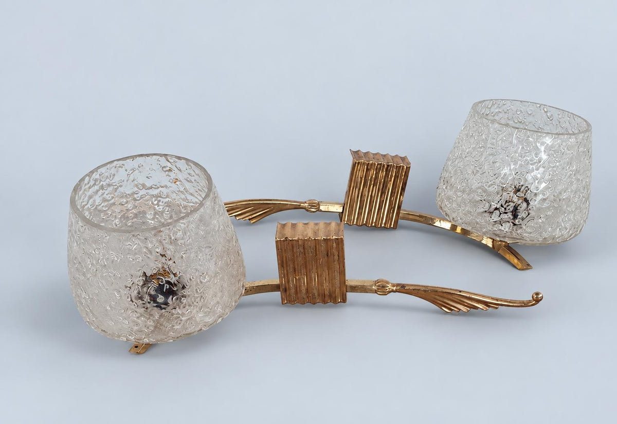 Vintage Pair of Brass Wall Sconces, Attributed 1960s–70s, Leaf Arms with Textured Bubble Glass Shades, 37 cm