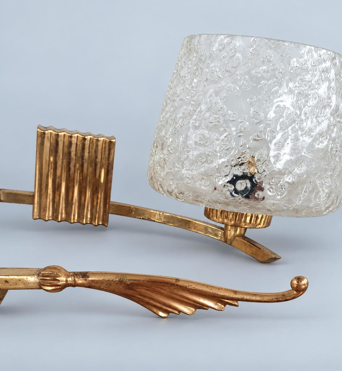 Vintage Pair of Brass Wall Sconces, Attributed 1960s–70s, Leaf Arms with Textured Bubble Glass Shades, 37 cm