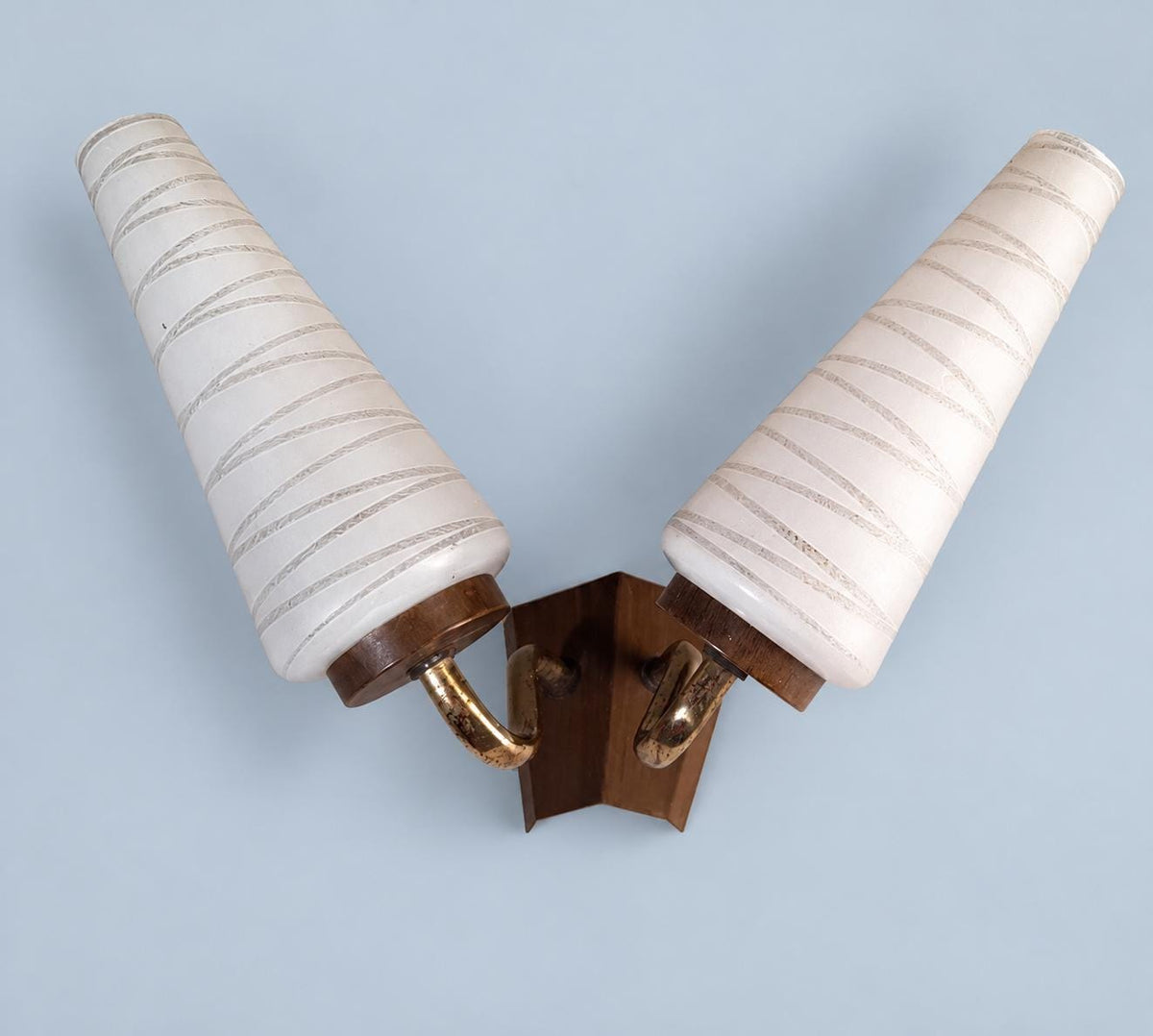 Vintage Double Wall Sconce, Attributed 1950s, White Glass Cone Shades with Line Pattern, Gilt Metal Arms on Wood-Tone Plate