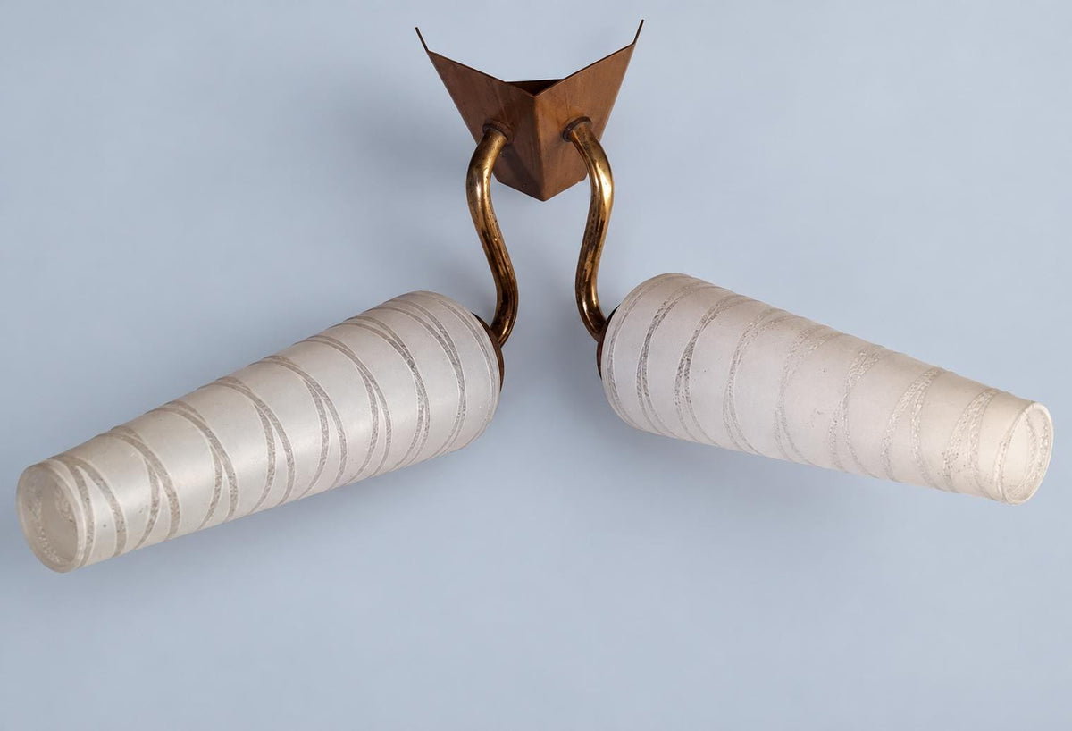 Vintage Double Wall Sconce, Attributed 1950s, White Glass Cone Shades with Line Pattern, Gilt Metal Arms on Wood-Tone Plate