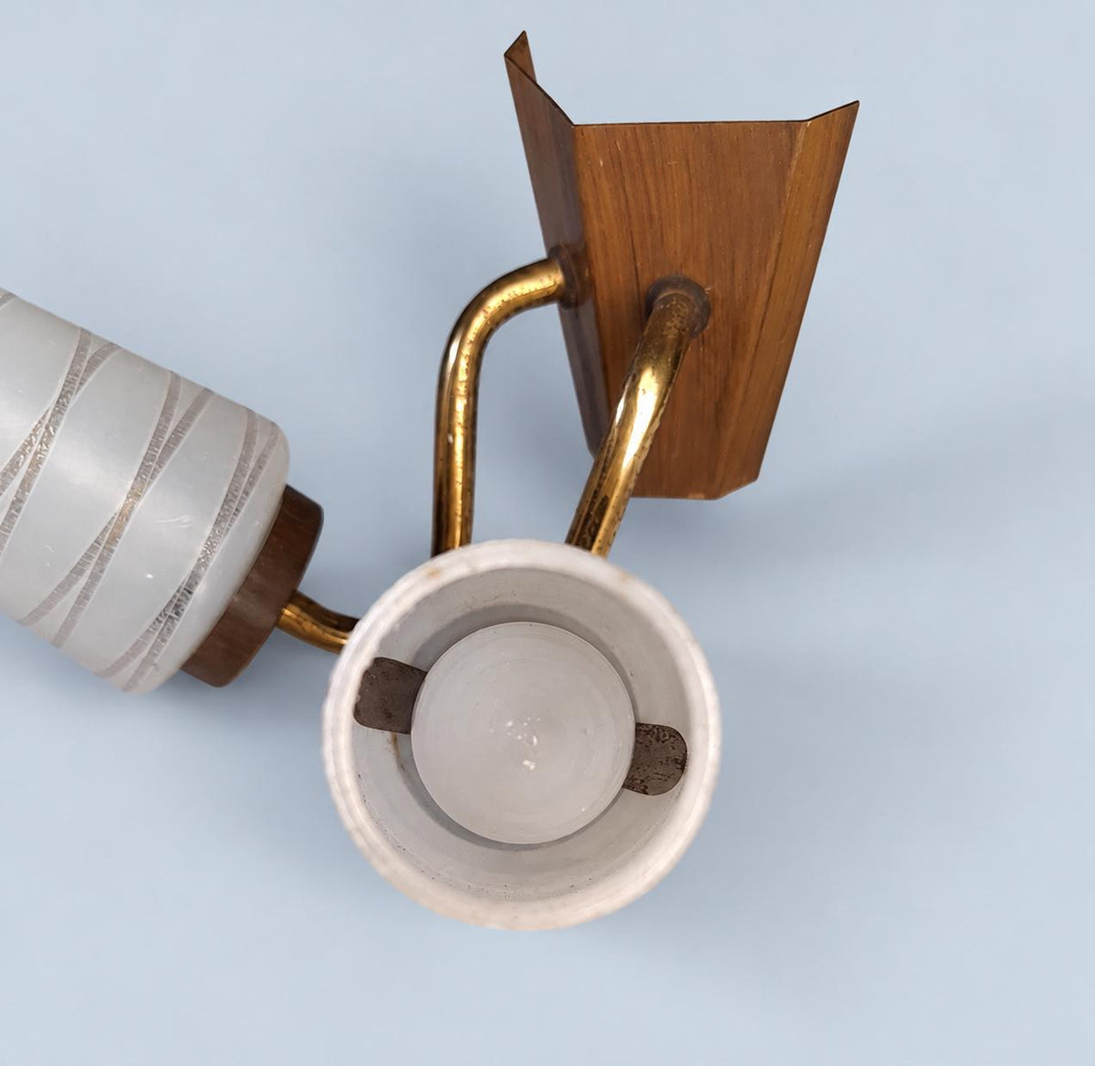 Vintage Double Wall Sconce, Attributed 1950s, White Glass Cone Shades with Line Pattern, Gilt Metal Arms on Wood-Tone Plate