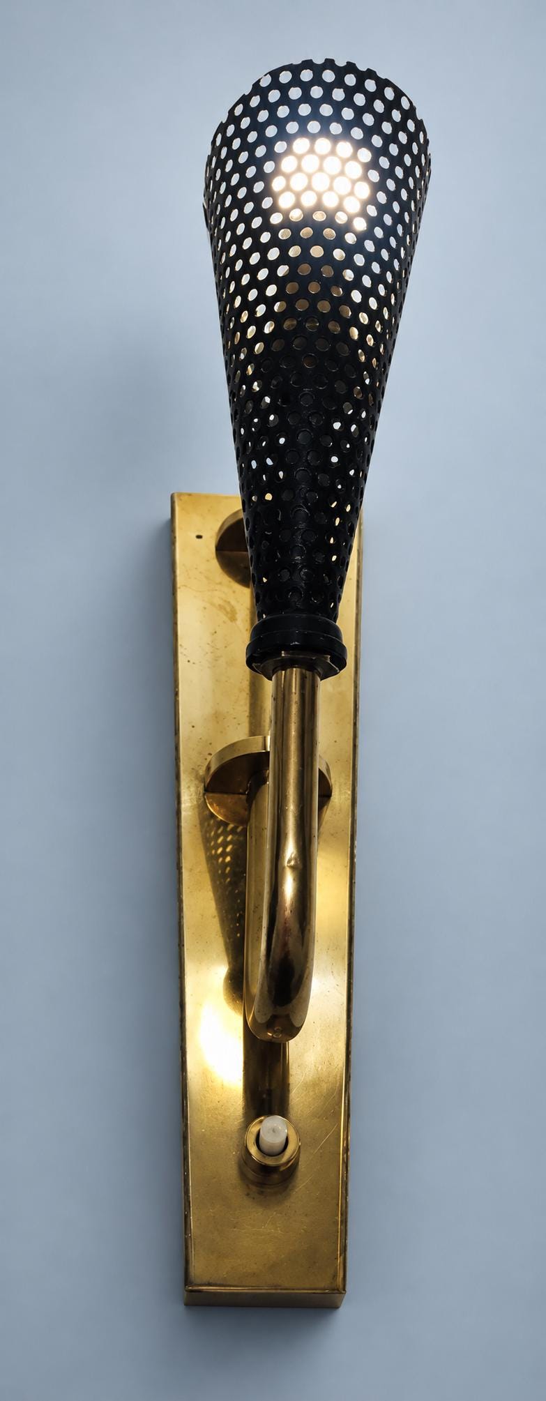 Vintage Wall Sconce with Black Perforated Metal Cone, Attributed 1950s, Gilt Metal Bracket, 25 cm