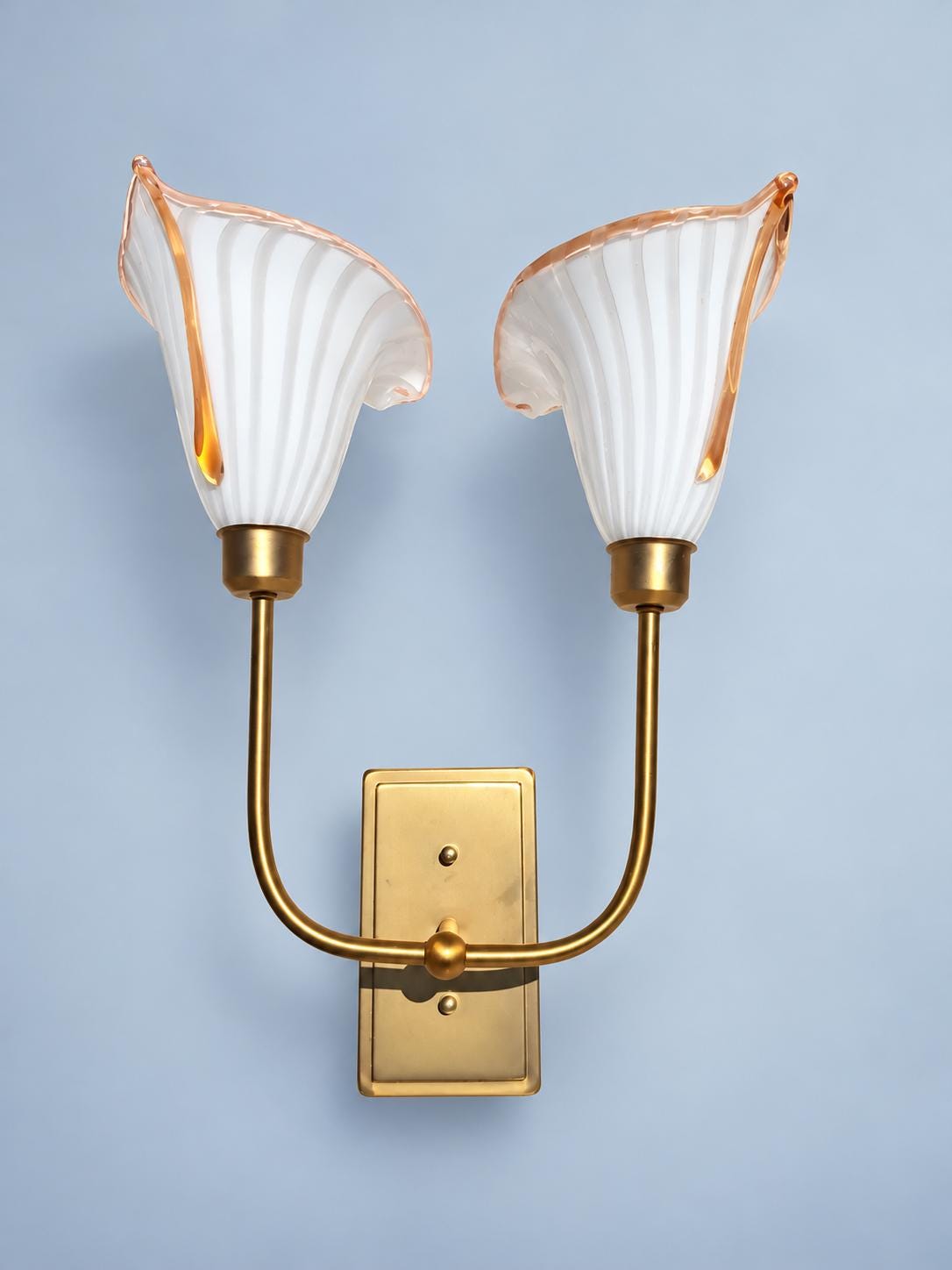 Double Wall Sconce with Calla Lily Glass Shades, White Striped Glass with Pink Rims, Gilt Metal Arms, 52 cm