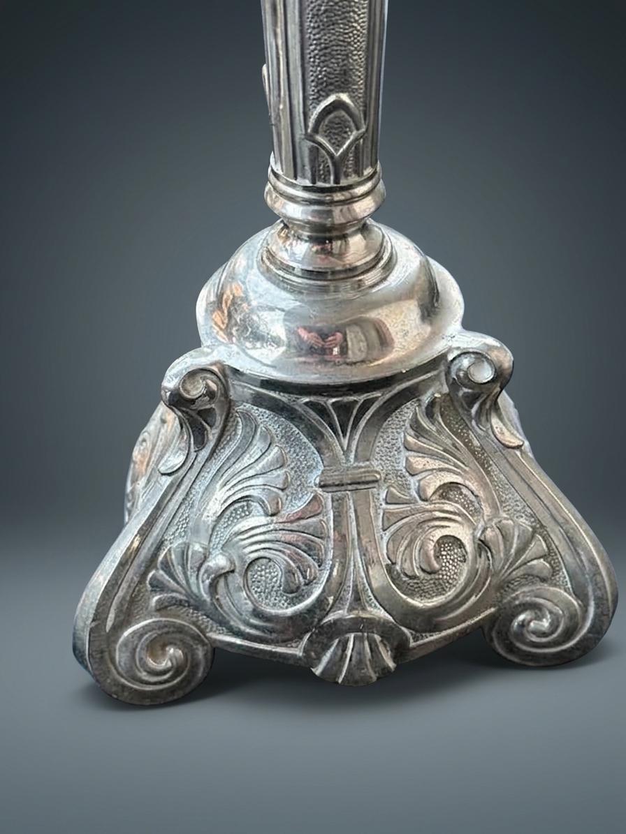 Pair of Baroque Revival Candlesticks, Silver-Tone Metal, Triangular Scroll-Foot Bases with Acanthus Relief, Textured Stems
