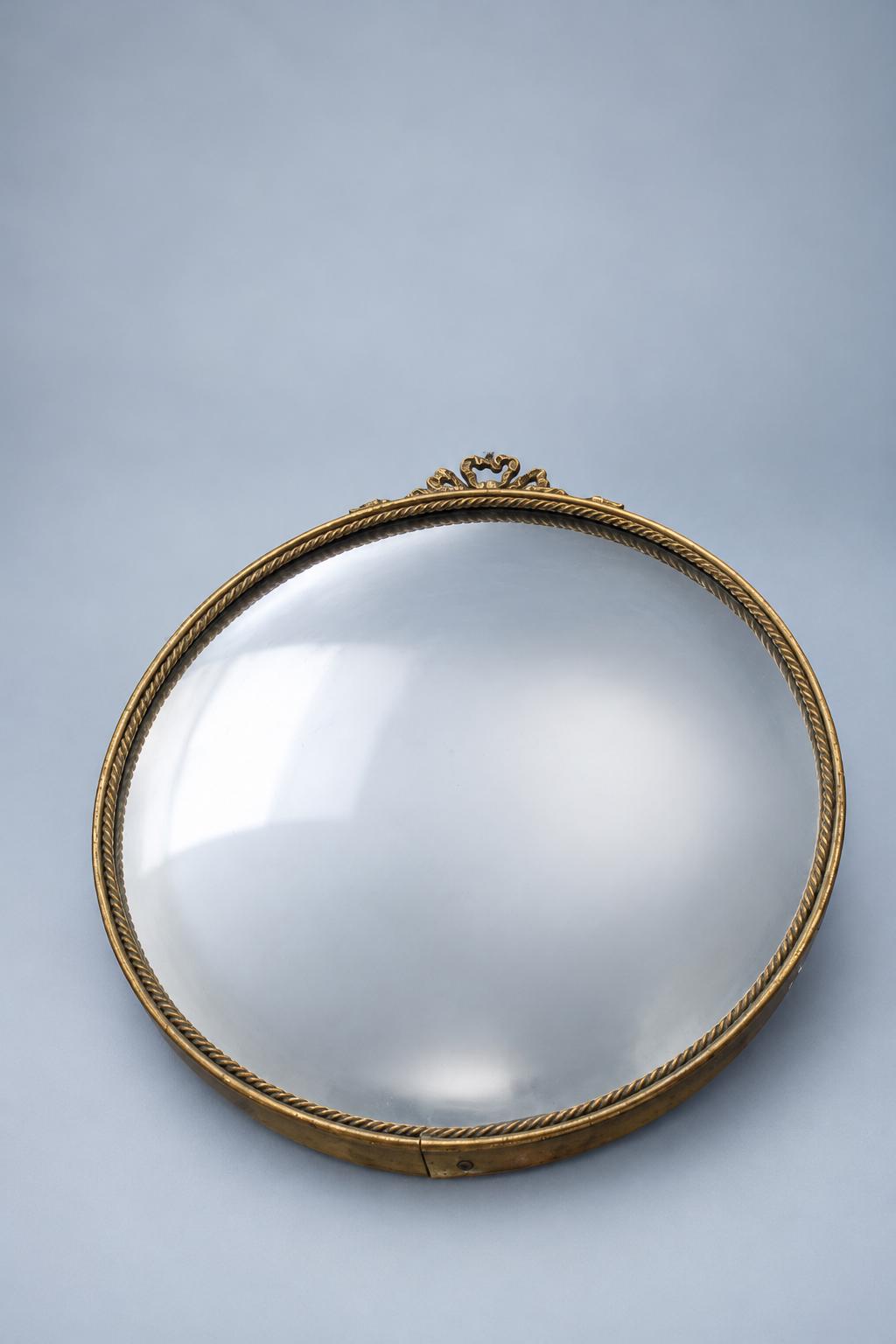 Vintage Convex Butler’s Mirror with Ribbon Bow Crest and Rope-Twist Gold-Tone Frame, Hanging Chain, 33 cm