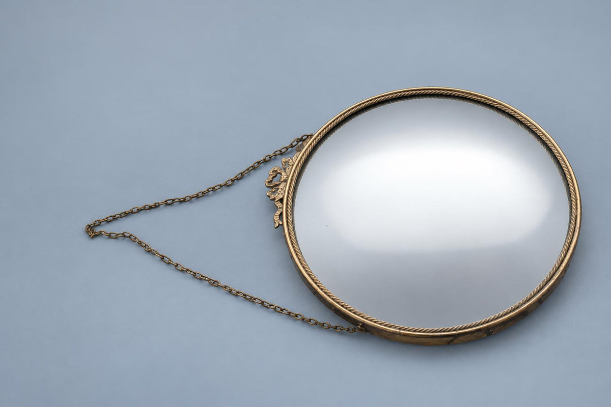 Vintage Convex Butler’s Mirror with Ribbon Bow Crest and Rope-Twist Gold-Tone Frame, Hanging Chain, 33 cm