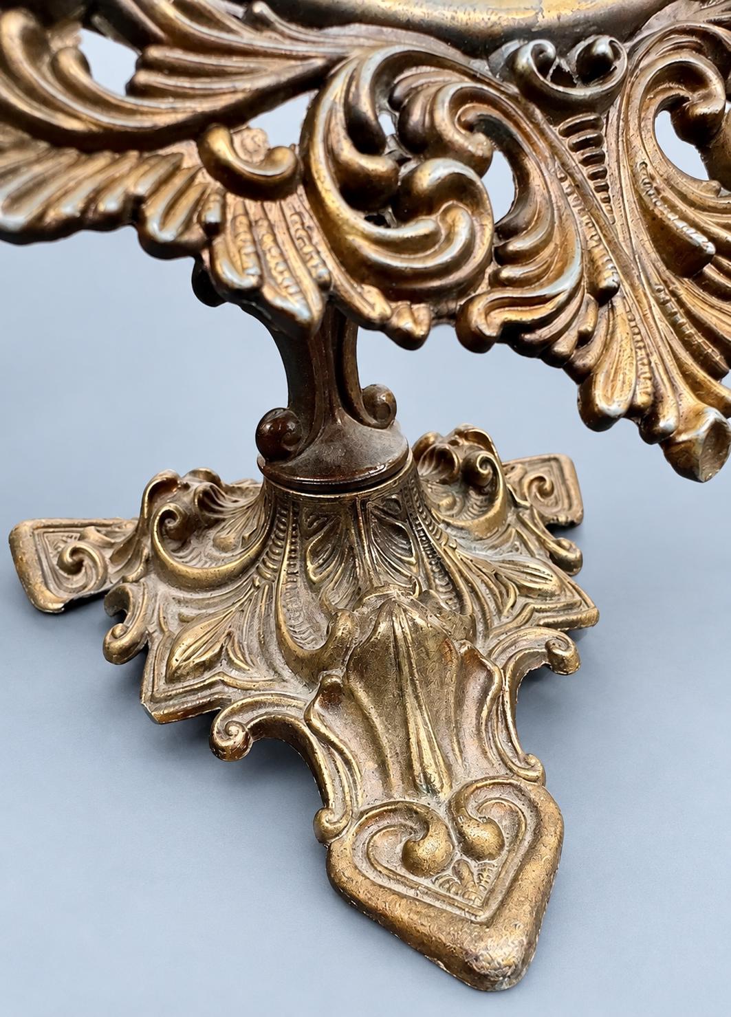 Baroque Style Tilting Vanity Mirror, Oval Glass in Pierced Scrolling Patinated Metal Frame on Pedestal Base, 46 cm